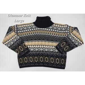 Vintage 80s Glamour-Knit Fair Isle Turtleneck Sweater